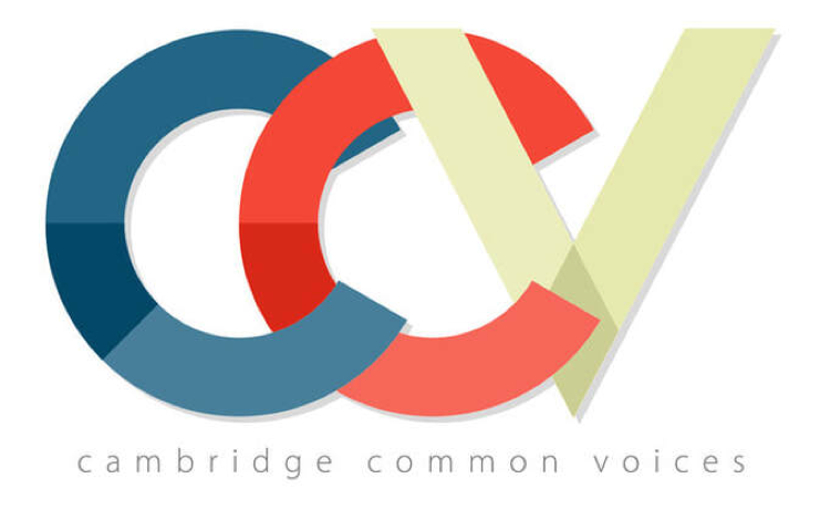 Logo for Cambridge Common Voices. A blue C, a red C, and a white V interlocking.